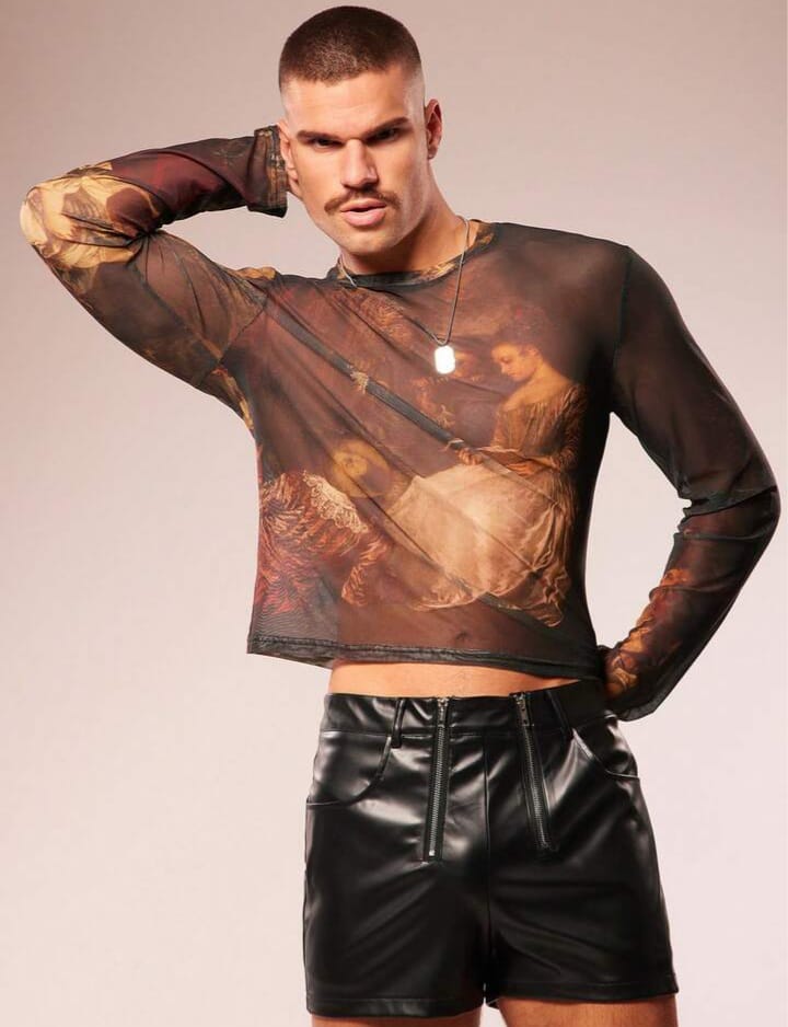 Men's Printed Floral Print Sheer Croppel Long Sleeve Tees